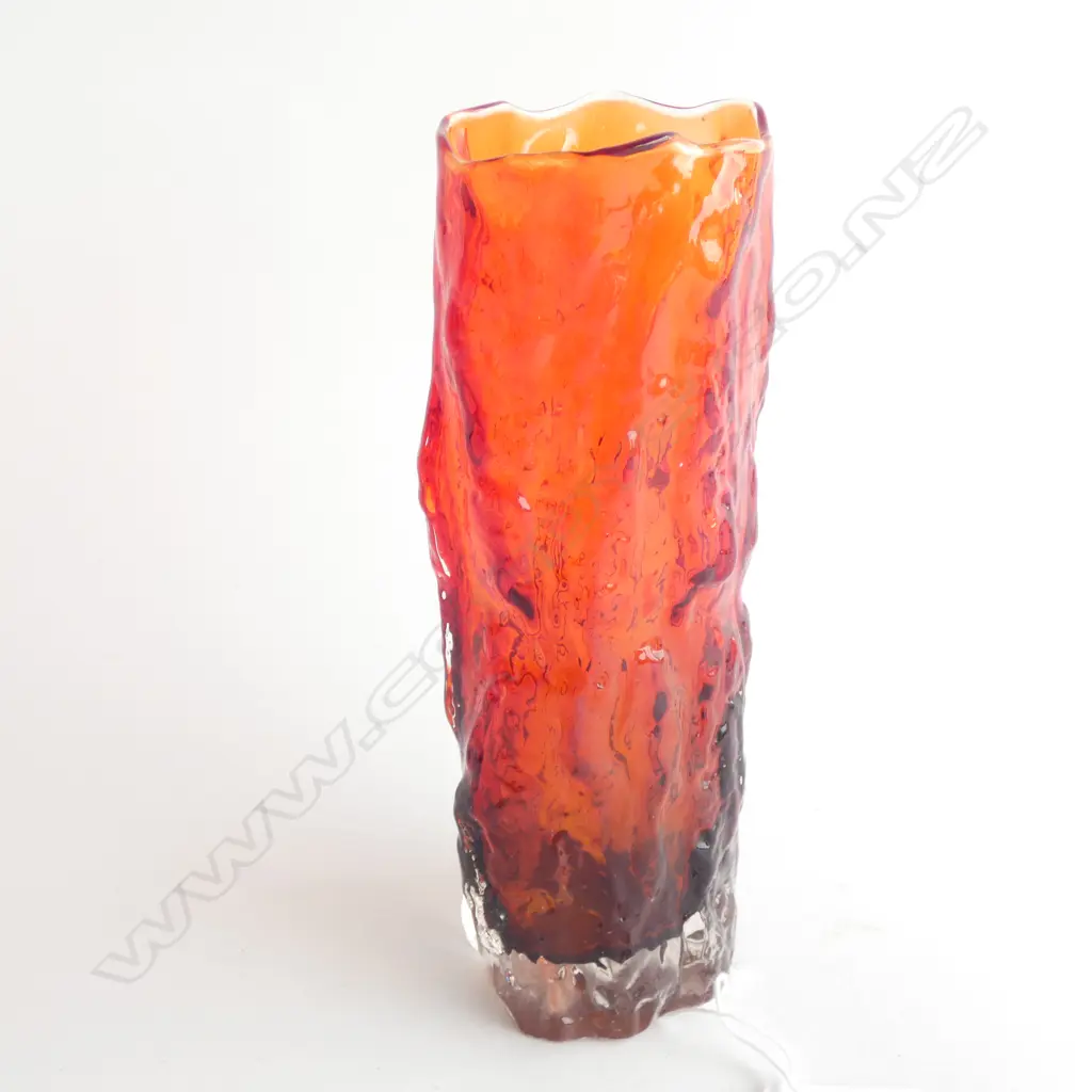 A glass vase with bark texture, in the manner of Geoffrey Baxter Image 1++